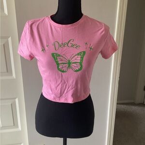 Bella Canvas Pink Crop Tee with Green Butterfly Graphic
